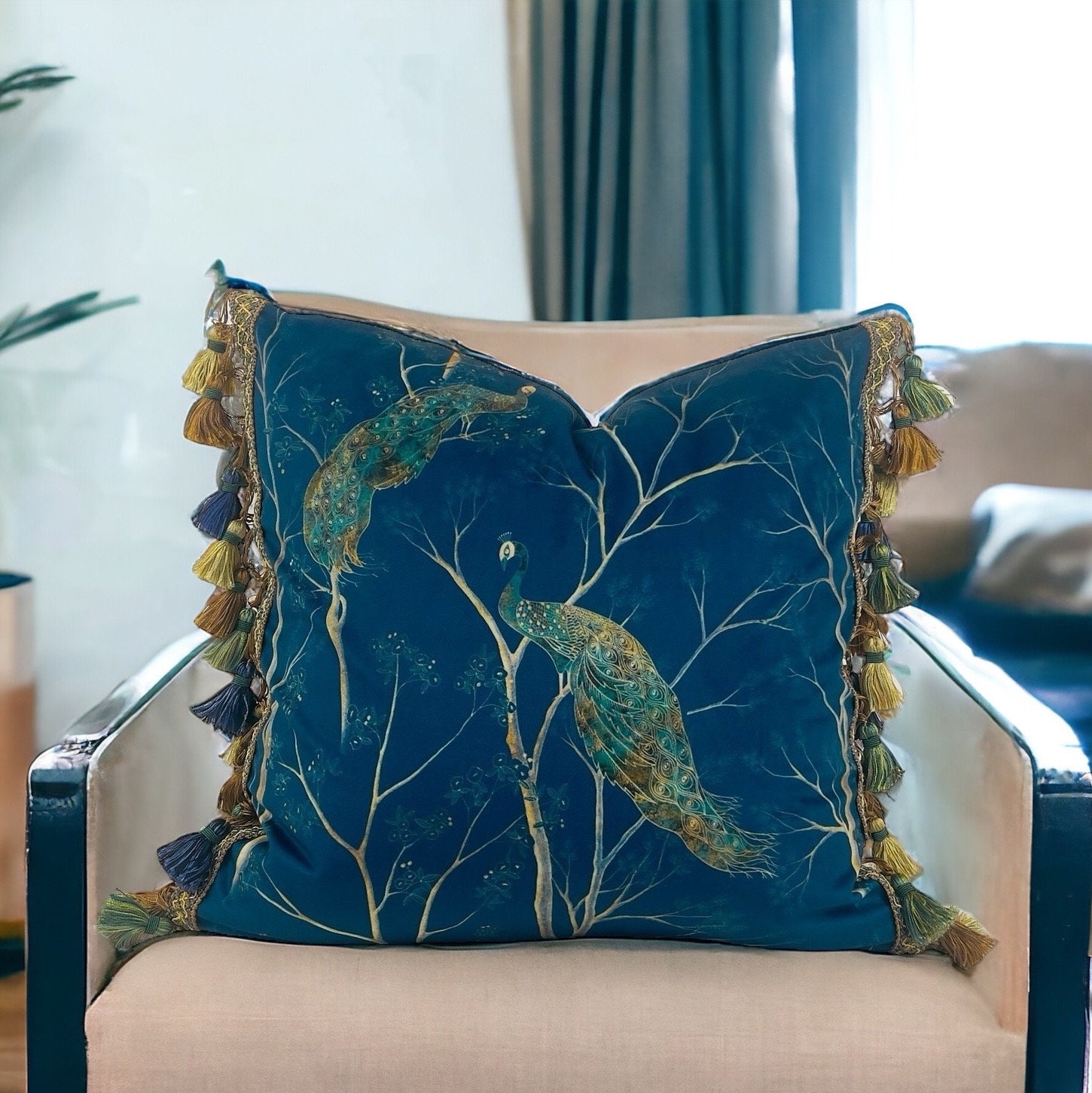 Teal velvet beaded peacock pillow sale