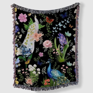 Peacock Haven Woven Blanket In Black, Warm Blankets, Birthday Gift