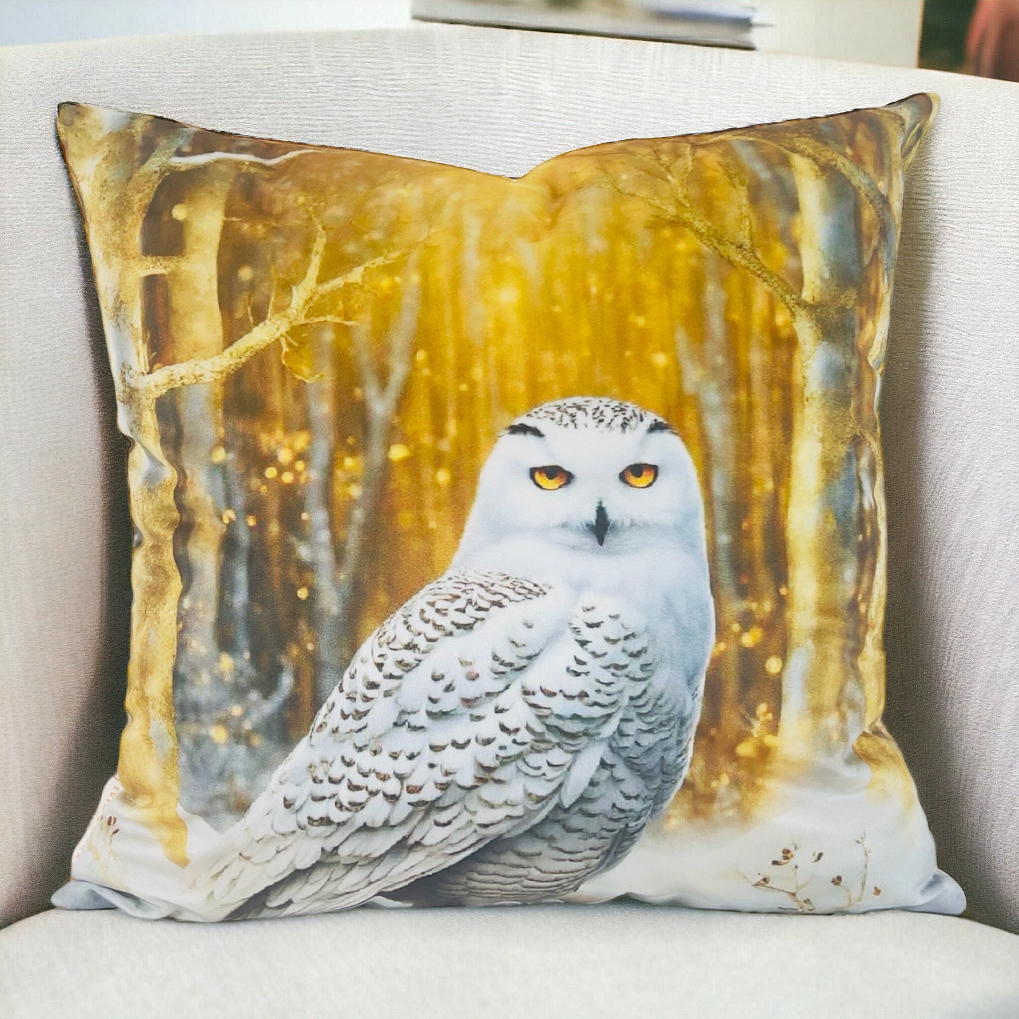 Gold Snowy Owl Enchanted Forest Handmade Velvet Pillow Cover, Bird Pillow, Birthday Gift, Gifts For 