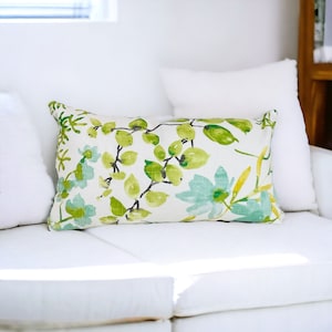 Handmade Aqua, Green, Yellow Floral lumbar pillow cover, designer decorative throw, Birthday Gift, Gifts For Her, Gifts For Him.