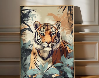 Arte de pared de tigre, descarga digital, impresión de tigre vintage, decoración retro de tigre, impresión de arte de animales de la jungla boho boho, ilustración de tigre de Bengala