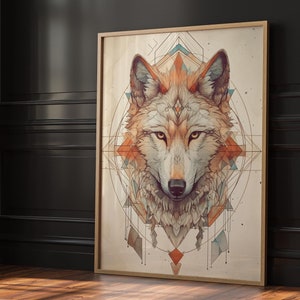 Pode incluir: Uma ilustração geométrica de um lobo com um esquema de cores marrom, laranja e branco. O rosto do lobo é cercado por um padrão geométrico em preto, branco e azul.