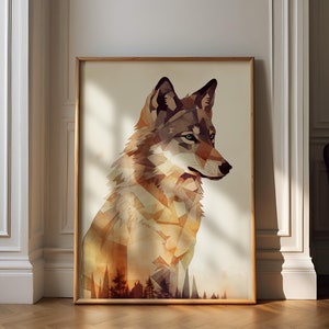Retro Vintage Wolf Wall Art, Digital Print, Bauhaus Poster, Boho Wolf Decor, Forest Wildlife Printable Art, Minimalist Wolf Illustration