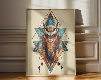 May include: Geometric owl illustration with a blue, red, and yellow color scheme. The owl is centered in a triangle shape with a white background.