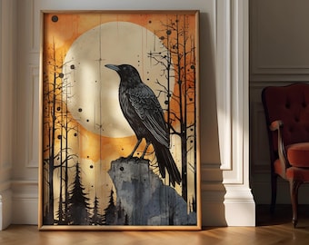 Raven Wall Art, Black Bird Digital Print, Crow Printable Art, Gothic Wall Decor, Vintage Black Crow Print, Raven Poster Art, Crow Painting