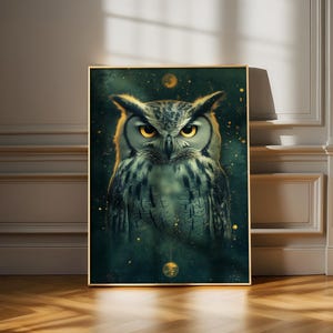 May include: A digital art print featuring a green and gold owl with a dark background. The owl has a fierce expression and is surrounded by a starry sky.