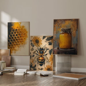 Minimalistisches 3er-Set Wandkunst, Biene, Honigglas, Honigwabe, Boho Digital Poster, Mid Century moderne Dekoration, Naturdrucke, digitaler Download