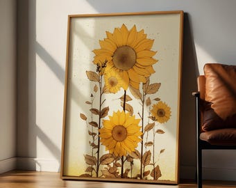 Lámina artística de girasoles, decoración floral minimalista, póster botánico moderno, arte mural imprimible para el hogar y la oficina, regalo perfecto para ella.