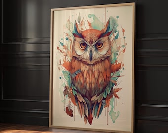 Abstract Owl Wall Art, Owl Digital Print, Nocturnal Bird Art, Night Bird Artwork, Whimsical Owl Design, Owl Wall Decor, Owl Printable Poster