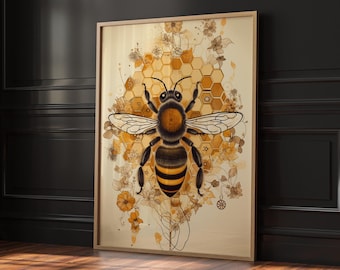 Arte mural de abejas, descarga digital, panal de abejas imprimible, póster minimalista, decoración natural para el hogar, impresión artística de abejas silvestres, arte bohemio de abejorros