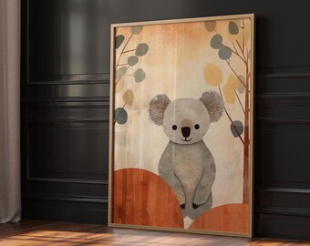 Lindo koala para habitación infantil, animal australiano imprimible, decoración bohemia para habitación de bebé, ilustración de vida silvestre digital para niños.