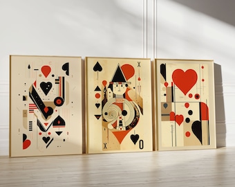 Minimalistische kunstwerken met speelkaarten in aas-stijl, set van 3 wanddecoraties, boho digitale poster, mid-century modern decor, surrealistische prints, digitale download