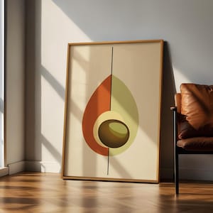 Minimalist Avocado Wall Art, Bohemian Digital Print, Bauhaus inspired Vintage Illustration, Neutral Retro Home Decor, Abstract Fruit Print