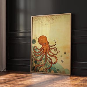 Octopus Wall Art, Digital Download, Octopus Art Print, Boho Underwater Decor, Vintage Octopus Painting, Octopus Illustration, Octopus Poster