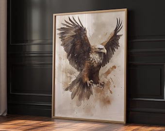 飛翔する白頭鷲の絵画：秋の森の野生動物アート（デジタルダウンロード