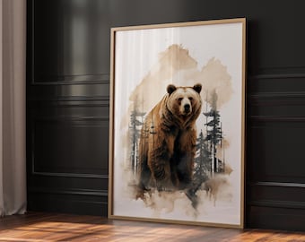 Decorazione murale con orso, stampa digitale, dipinto ad acquerello di orso grizzly, stampa per cameretta con orso, decorazione murale con animali del bosco, poster di orso, arte dell'orso bruno