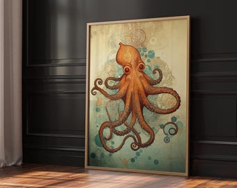 Octopus Digital Wall Art, Nautical Sea Life Print, Whimsical Ocean Decor, Tentacle Illustration, Coastal Beach House Printable Artwork