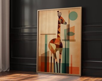 Geometric Giraffe Wall Art, Modern Safari Animal Print, Abstract Giraffe Poster, Mid Century Digital Download, Colorful Jungle Decor