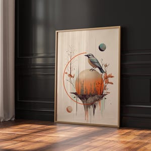 Bird Wall Art, Minimalist Surreal Nature Print, Teal and Orange Digital Download, Modern Botanical Bird Poster for Home