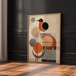 Geometric Bird Wall Art, Abstract Midcentury Bird Print, Modern Minimalist Digital Download, Orange Neutral Boho Home Decor Printable