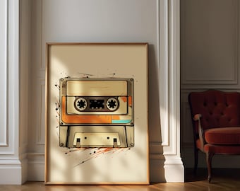 Retro Cassette Tape Wall Art, Vintage Music Print, Grunge Orange Audio Poster, Mid Century Decor, Modern Minimalist Art, Digital Download