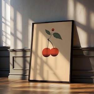 Minimalist Cherry Wall Art Print, Modern Fruit Kitchen Decor, Red Cherries Digital Download, Scandinavian Style Art for Dining Room