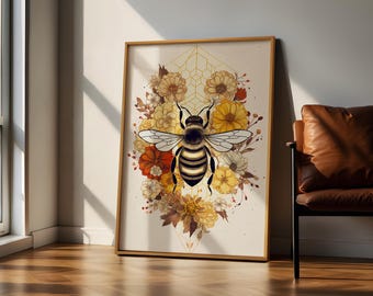 Arte mural de abejorros, impresión digital, lámina de arte de abejas, obra de arte boho minimalista, decoración de pared de abejas, póster de abeja melífera, pintura de abeja, ilustración de abeja