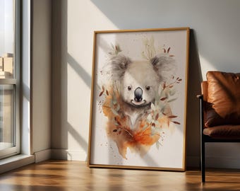 Watercolor Koala Wall Art Printable, Boho Nursery Animal Decor, Australian Wildlife Digital Download for Baby Room, Kids Space