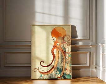 Geometric Octopus Wall Art, Abstract Sea Creature Print, Modern Marine Illustration, Steampunk Ocean Decor, Digital Download