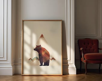 Muurdecoratie met beer, digitale download, print van een bruine beer, minimalistische abstracte kunst, decoratie voor de kinderkamer met bos-thema, Bauhaus-poster met beer, print van een grizzlybeer