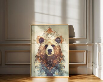 Grizzly Bear Wall Art, Digital Download, Brown Bear Print, Abstract Art, Boho Animal Decor, Bear Illustration, Bear Painting, Animal Poster