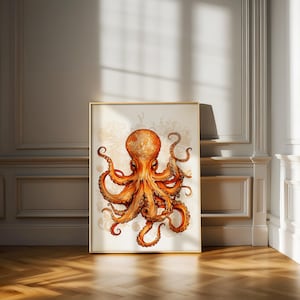 Octopus Wall Art Nautical Sea Life Print, Vibrant Ocean Creature Illustration, Coastal Beach Decor, Digital Marine Animal Download