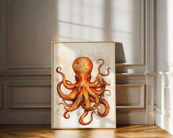 Octopus Wall Art Nautical Sea Life Print, Vibrant Ocean Creature Illustration, Coastal Beach Decor, Digital Marine Animal Download