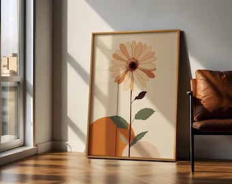 Retro Daisy Flower Wall Art, Minimalist Botanical Print, Burnt Orange Floral Poster, Digital Download, Modern Vintage Nature Home Decor