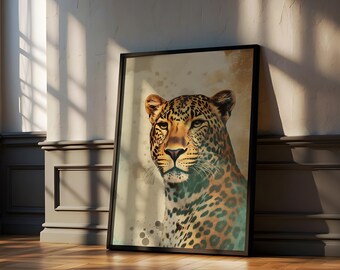 Leopard Wall Art Print, Jungle Animal Digital Download, Bold Safari Poster, Watercolor Wild Cat Decor, Earth Tone Big Cat Illustration