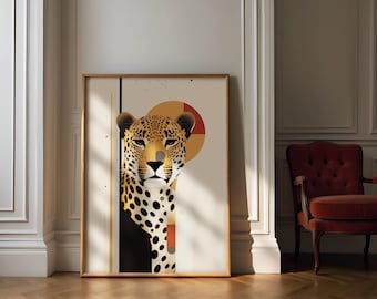 Modern Leopard Wall Art, Minimal Big Cat Poster, Abstract Safari Animal Print, Boho Wildlife Decor, Geometric Digital Download Artwork