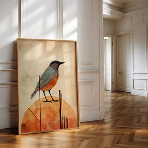 Modern Bird Wall Art Download, Minimalist Geometric Digital Print, Orange Teal Abstract Bird Poster, Printable Nature Art for Home Decor