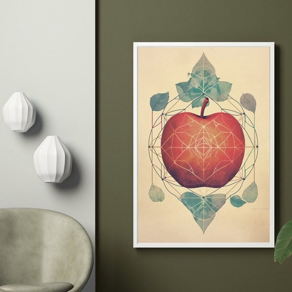 Vintage Apple Illustration with Sacred Geometry, Minimalistic Fruit Artwork, Retro-Inspired Abstract Kitchen Decor, Unique Wall Print