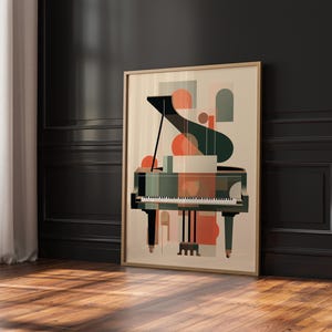 May include: Abstract geometric art print featuring a black and green grand piano with orange and white accents. The print is framed in a light wood frame.