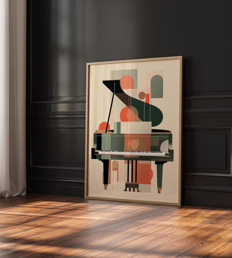 May include: Abstract geometric art print featuring a black and green grand piano with orange and white accents. The print is framed in a light wood frame.