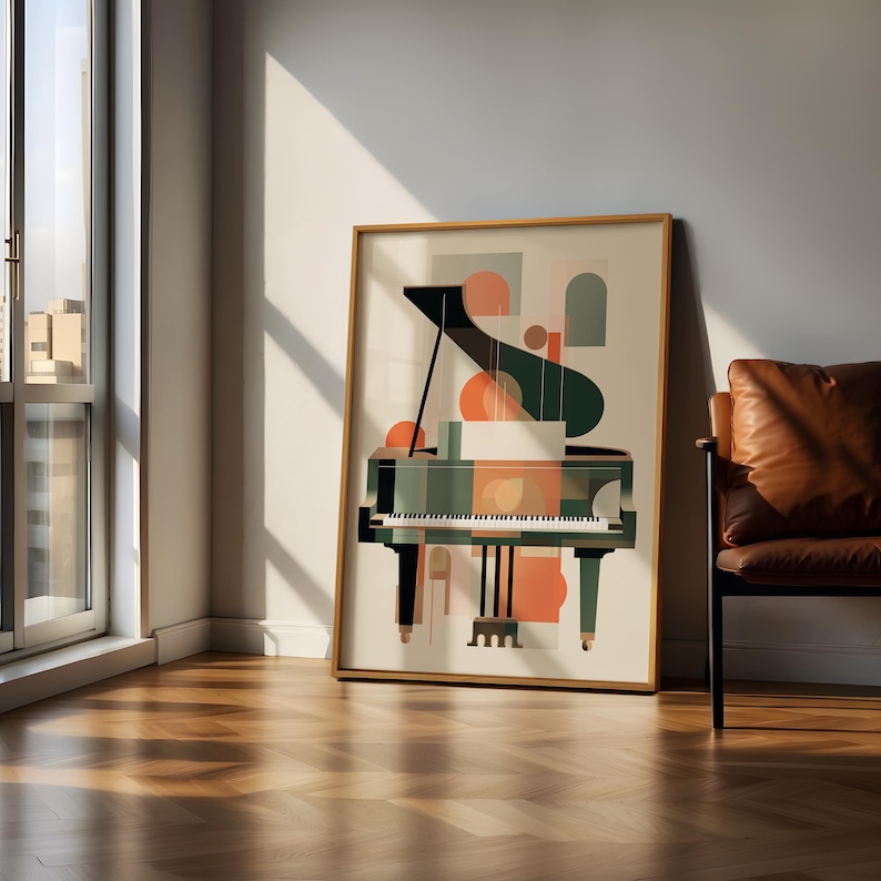 May include: A framed abstract art print of a grand piano with geometric shapes in shades of green, orange, and white.