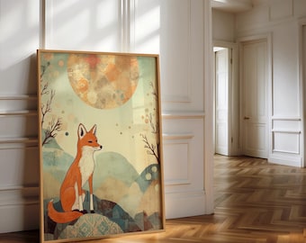 Colorful Fox Wall Art Print, Whimsical Minimalist Animal Boho Wall Art, Nursery Wall Decor, Kids Room Art, Digital Download