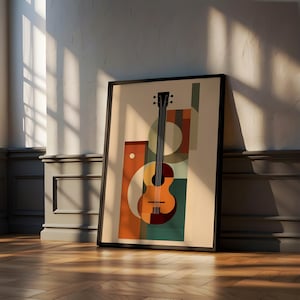 Abstract Guitar Wall Art, Minimalist Retro Music Poster in Warm Earth Tones, Mid Century Modern Music Decor, Digital Download