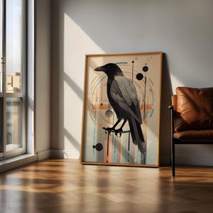 Geometric Raven Wall Art, Mid Century Modern Bird Print, Boho Neutral Poster, Bauhaus Animal Decor, Crow Artwork, Instant Digital Download