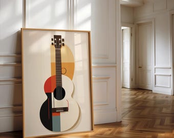 Geometrische gitaarmuurkunst, moderne abstracte muziekposter in warme tinten, minimalistische digitale download voor studio, decor uit het midden van de eeuw