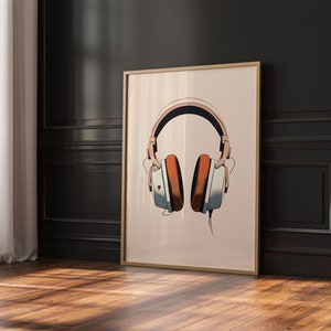 Arte minimalista de la pared de los auriculares - Impresión digital de la decoración de la música boho, cartel retro del arte del engranaje de la cabeza, descarga digital del arte de la pared de la música de moda