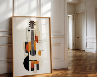 Geometryczny wydruk ścienny z gitarą, abstrakcyjny wystrój muzyczny z połowy wieku, minimalistyczna sztuka gitarowa, pobieranie cyfrowe do studia, biura, domu