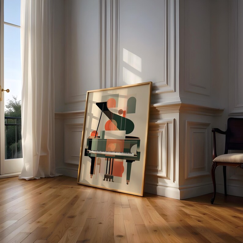 May include: A framed abstract art print featuring a stylized grand piano in shades of green, orange, and white. The piano is depicted with geometric shapes and lines, creating a modern and minimalist aesthetic.