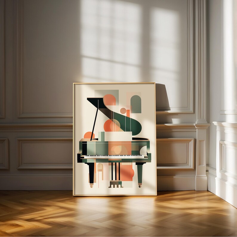 May include: A geometric abstract art print featuring a green grand piano with orange, white, and green accents. The print is framed in a gold frame and is hanging on a white wall.