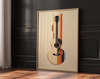 Abstrakcyjny wydruk ścienny z gitarą, dekoracja pokoju muzycznego w stylu retro i nowoczesnym boho, kolory w stylu mid century modern, minimalistyczne pobieranie cyfrowe do studia
